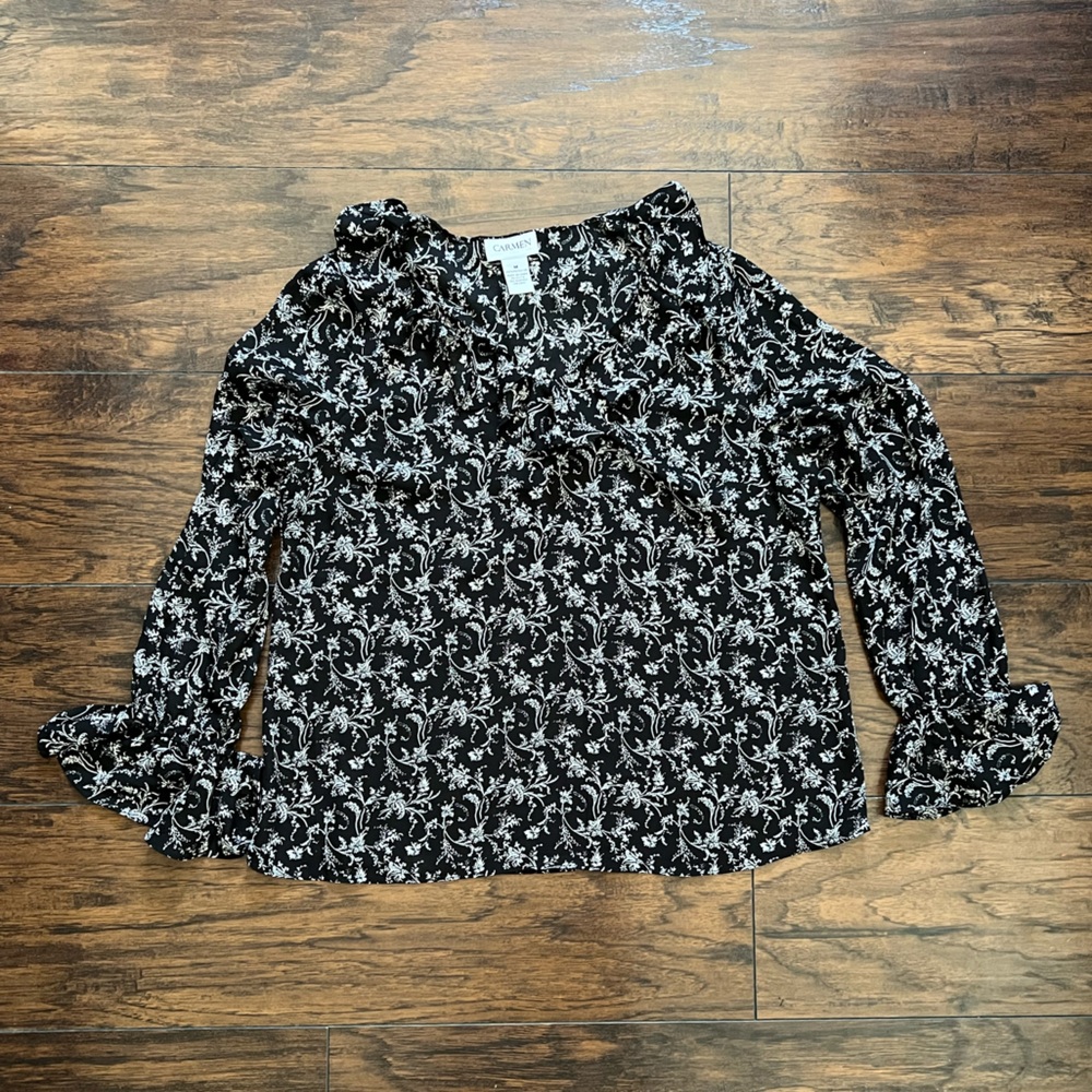 Carmen Marc Valvo Blouse Size Medium Floral Print Ruffle Neckline Black White